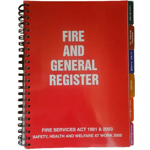 Red book titled 'Fire and General Register' with text on a wooden surface